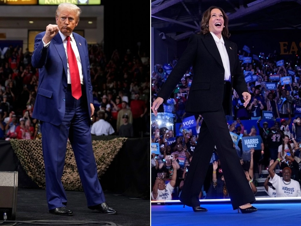 Los candidatos a la presidencia de EU concentran sus campañas en los estados claves para ganar la elección. El republicano Donald Trump estuvo ayer en la arena Findlay Toyota, en Arizona, y la demócrata Kamala Harris fue a Greenville, Carolina del Norte, el fin de semana. Foto Ap