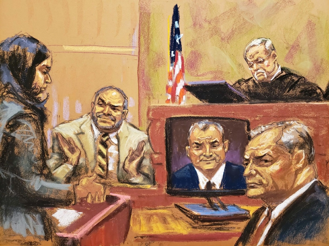 Interrogatorio de Jesús 'El Rey' Zambada. Genaro García Luna aparece a la derecha. Ilustración de Jane Rosenberg



