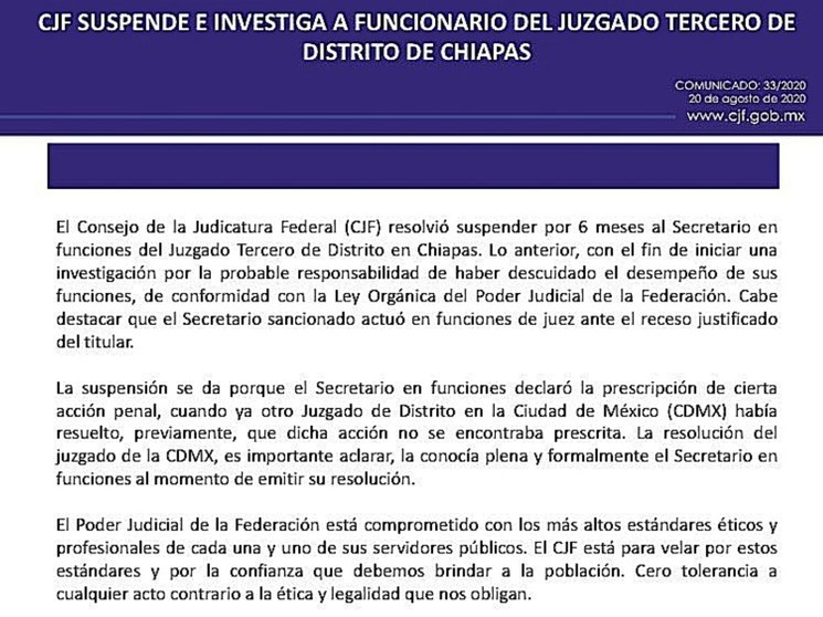 El presidente López Obrador se congratuló que el CJF suspendiera ayer por seis meses a Amós José Olivera Sánchez, secretario del Juzgado Tercero de Distrito de Chiapas, por amparar indebidamente al empresario Alonso Ancira, dueño de Altos Hornos de México, contra la orden de aprehensión girada en su contra por el caso Agronitrogenados. Imagen tomada de la cuenta en Twitter @CJF_Mx
