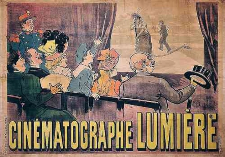 Cartel publicitario del cinematógrafo de los hermanos Lumière, expuesto en 1896 en Rumania. Foto Marcellin Auzolle tomada de Wikimedia Commons / Archivo