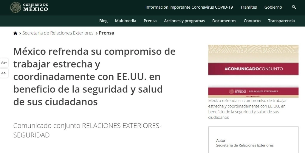 La SRE y el SSPC emitieron un comunicado conjunto, luego de que el miércoles el presidente Donald Trump amenazó con penalizar a México, si no demuestra que combate a los ‘cárteles’ de las drogas. Imagen tomada del sitio www.gob.mx/sre/prensa
