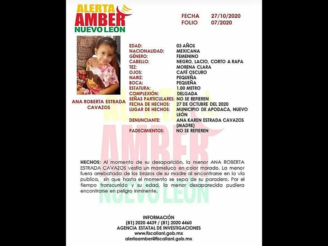 Alerta Amber de Ana Roberta Estrada Cavazos. Imagen tomada del Twitter de @FiscaliaNL
