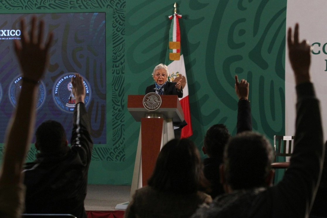 La secretaria de Gobernación, Olga Sánchez Cordero, encabeza la conferencia matutina en Palacio Nacional, el 5 de febrero de 2021. Foto Cuartoscuro 