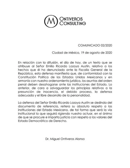 Comunicado difundido por la firma de abogados Ontiveros Consulting