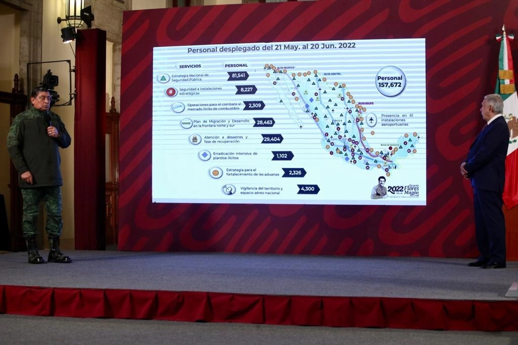 El titular de la Secretaría de la Defensa, Luis Cresencio Sandoval, en su exposición durante la conferencia presidencial de este lunes 20 de junio. Foto María Luisa Severiano