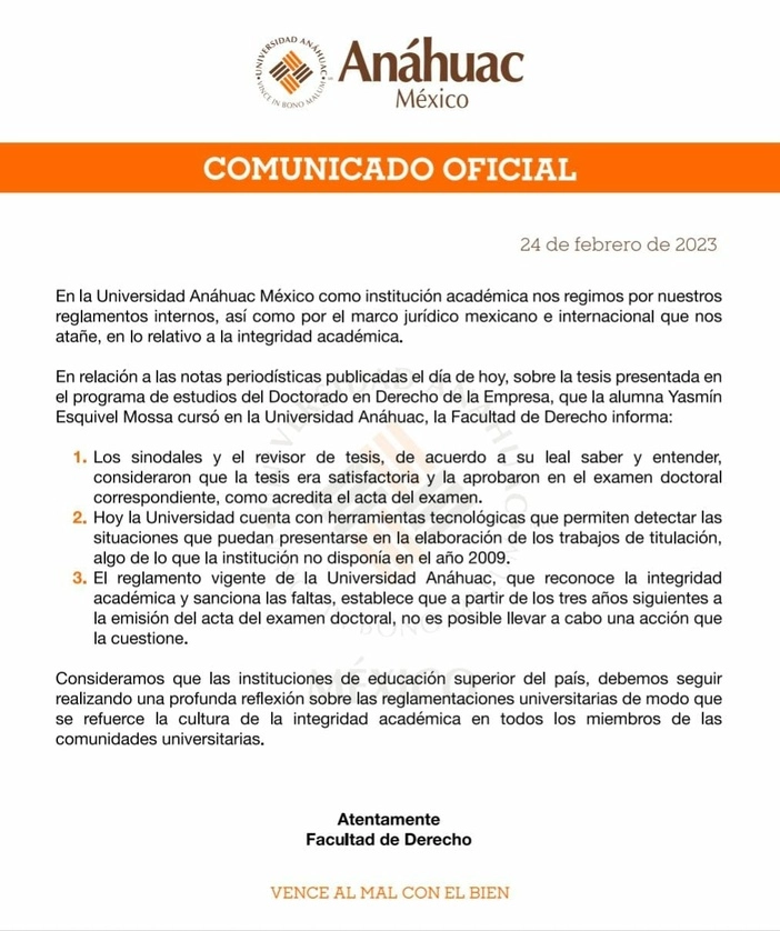 Comunicado emitido por Universidad Anáhuac 