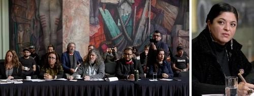 Aspecto de la reunión de la comunidad artística y cultural, ayer, con Alejandra Frausto, titular de la Secretaría de Cultura federal, en el área de murales del Palacio de Bellas Artes. Foto María Luisa Severiano