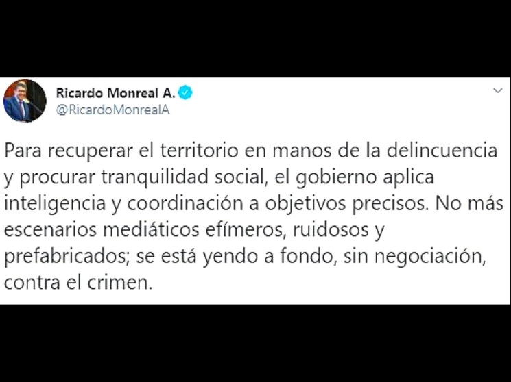 El coordinador de los senadores de Morena, y presidente de la Jucopo, Ricardo Monreal, aseguró que este gobierno "está yendo a fondo, sin negociación" contra el crimen organizado. Sin mencionarlo, Monreal hace alusión a la detención de El Marro, capo del cártel Santa Rosa de Lima. Imagen tomada del Twitter de @RicardoMonrealA 