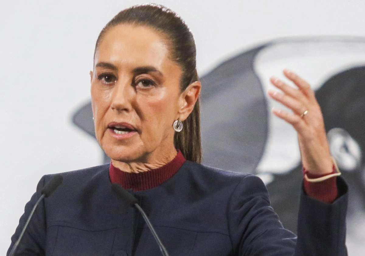 La presidenta Claudia Sheinbaum, durante su conferencia de esta mañana desde Palacio Nacional. 