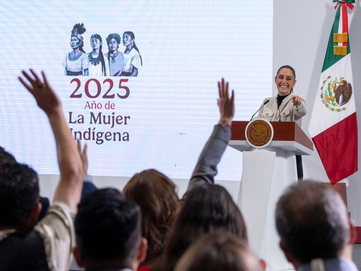 La presidenta Claudia Sheinbaum durante su conferencia matutina desde Palacio Nacional, en la Ciudad de México, el 24 de julio de 2025. 
