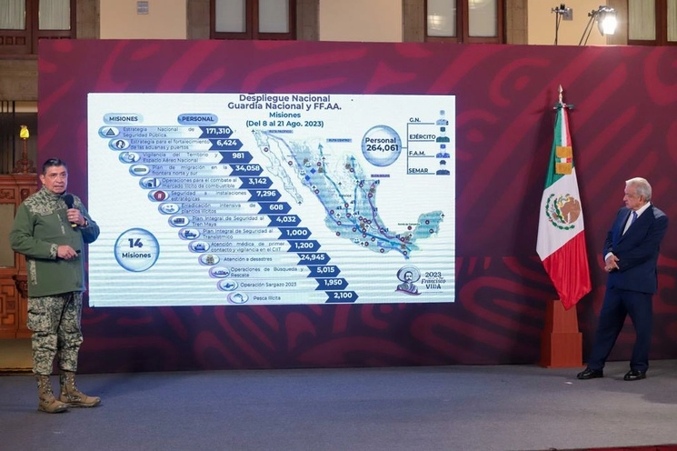 El secretario de la Defensa, Luis Cresencio Sandoval, expone, durante la conferencia del presidente Andrés Manuel López Obrador, acciones realizadas por la dependencia. Foto Pablo Ramos