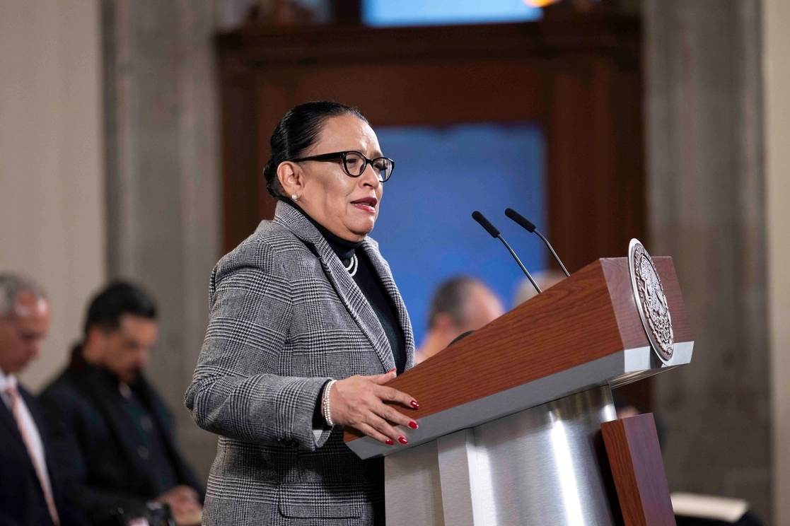 La titular de la SSPC, Rosa Icela Rodríguez, durante la conferencia presidencial de este martes. Foto Presidencia