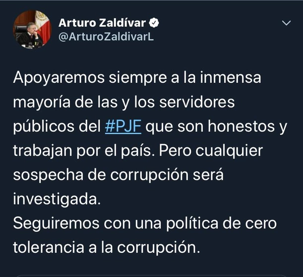 El presidente de la SCJN, Arturo Zaldívar, afirmó que cualquier sospecha de corrupción entre los miembros del PJF será investigada. Imagen tomada del Twitter de @ArturoZaldivarL