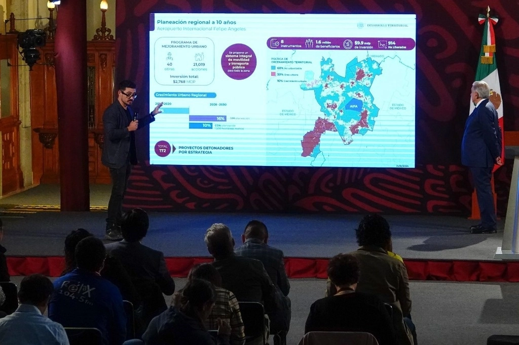 Durante la conferencia presidencial, Meyer indicó que se realizaron acciones en torno al Aeropuerto Internacional Felipe Ángeles, donde se realizaron diversas acciones de vivienda y desarrollo urbano que impacta en mil 500 hectáreas alrededor de la terminal aérea, el 11 de julio de 2024. Foto Cuartoscuro 

