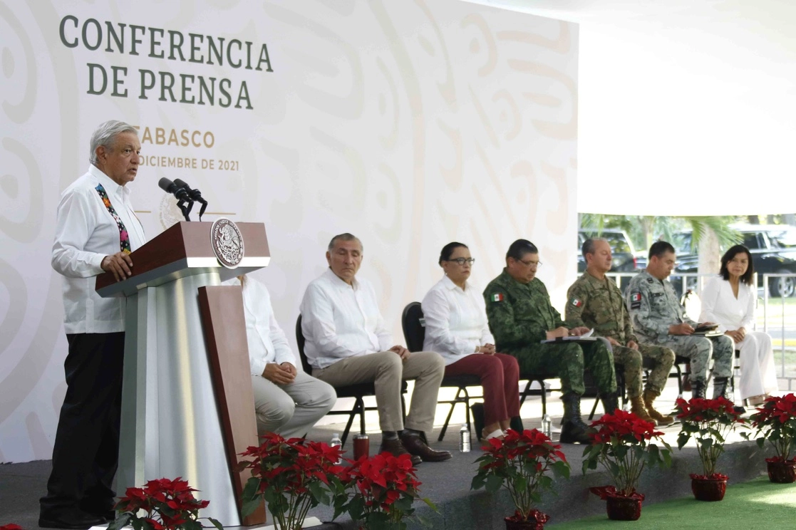 El presidente Andrés Manuel López Obrador durante su conferencia matutina en Tabasco, Villahermosa, el 17 de diciembre de 2021. Foto cortesía Presidencia
