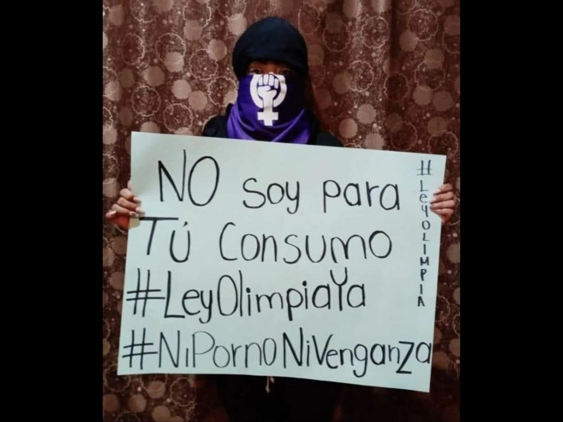 Mujeres integrantes del Frente Nacional para la Sororidad se manifestaron por la mañana en el Senado en apoyo a una reforma a la denominada "Ley Olimpia", que se aprobará hoy en comisiones en este recinto legislativo. Foto tomada del sitio en Facebook del Frente Nacional Para La Sororidad