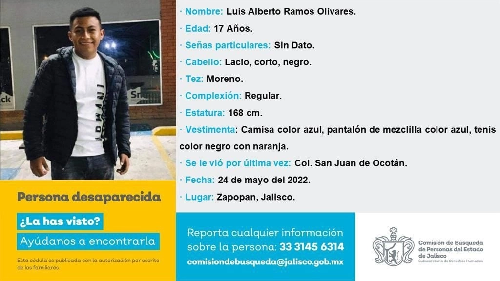 Luis Alberto Ramos Olivares, de 17 años de edad, fue reportado como desaparecido desde el 24 de mayo. Imagen Comisión de Búsqueda de Personas de Jalisco