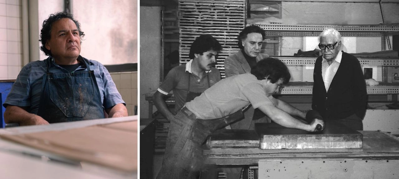 Carlos Payán y Rufino Tamayo observan trabajar a Ramón Durán en el taller de litografía Kyron Ediciones Gráficas Limitadas, fundado por Andrew y Beatriz Vlady en 1972. Foto cortesía 
