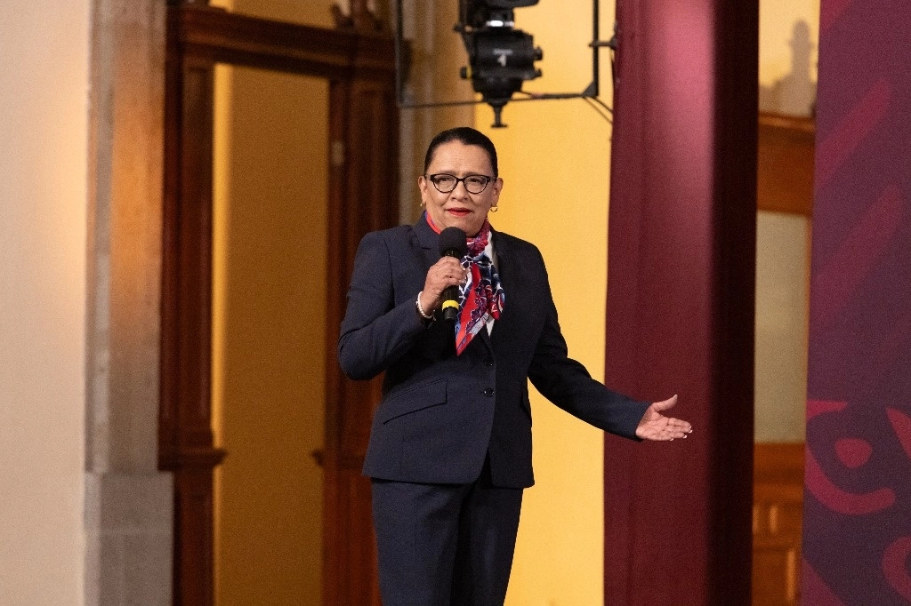 Rosa Icela Rodríguez, titular de la SSPC, durante una conferencia presidencial. Foto Pablo Ramos / archivo