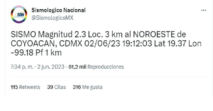 A través de su cuenta de Twitter. el Servicio Sismológico Nacional dio información acerca del microsismo registrado en la alcaldía Coyoacán. Foto tomada de Twitter @SismologicoMX.