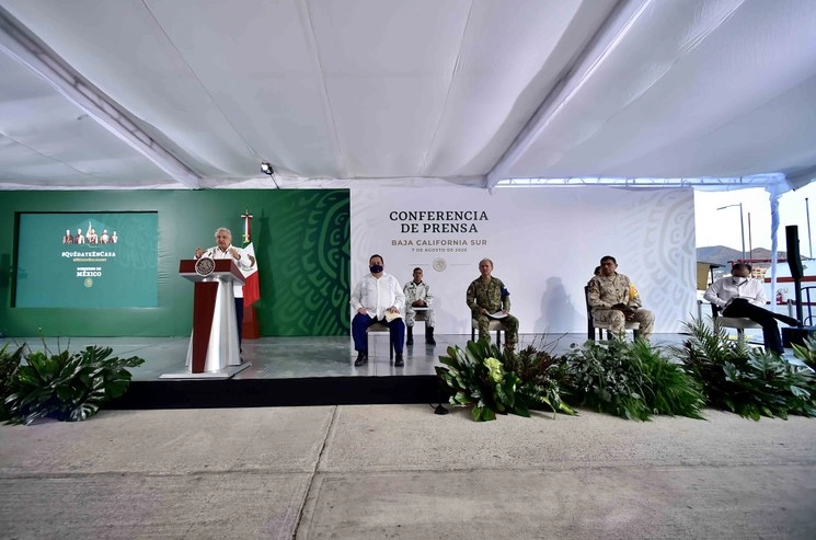 El presidente Andrés Manuel López Obrador durante su conferencia de prensa en Los Cabos, Baja California Sur, el 7 de agosto de 2020. Foto Presidencia