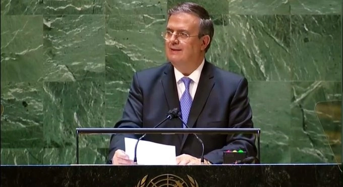 El canciller Marcelo Ebrard durante su mensaje ante la Asamblea General de la ONU. Foto Cortesía SRE