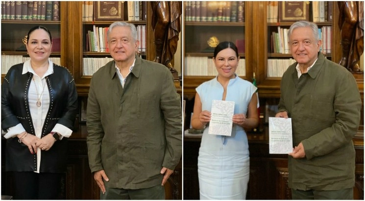El presidente Andrés Manuel López Obrador conversó en Palacio Nacional con la senadora Mónica Fernández y la diputada Laura Rojas, quienes terminaron su segundo año legislativo del periodo LXIV como presidentas de la Mesa Directiva del Senado de la República y de la Cámara de Diputados, respectivamente. Foto Twitter @lopezobrador_