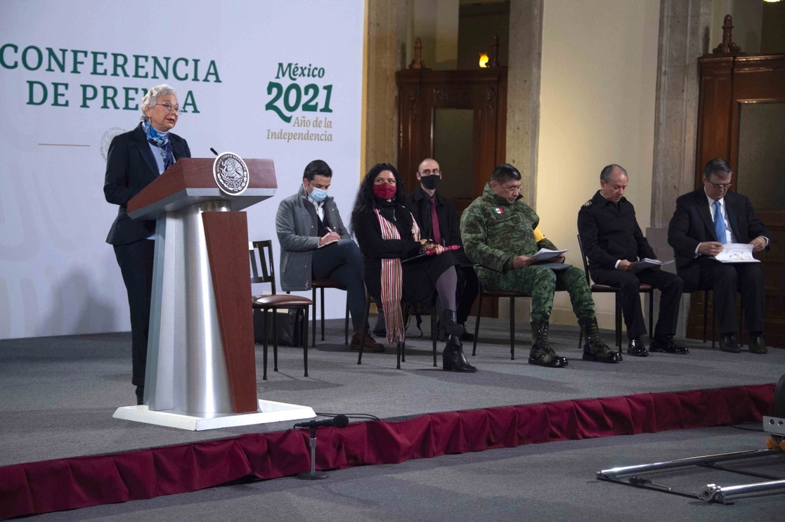 La secretaria de Gobernación, Olga Sánchez, encabeza la conferencia matutina desde Palacio Nacional, el 5 de febrero de 2021. Foto cortesía Presidencia