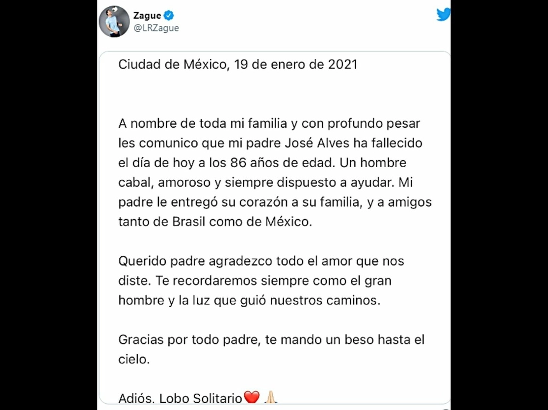José Alves Zague, ‘Lobo Solitario’, murió a los 86 años de edad, dio a conocer su hijo Luis Roberto Alves ‘Zague’. Imagen tomada del Twitter de @LRZague