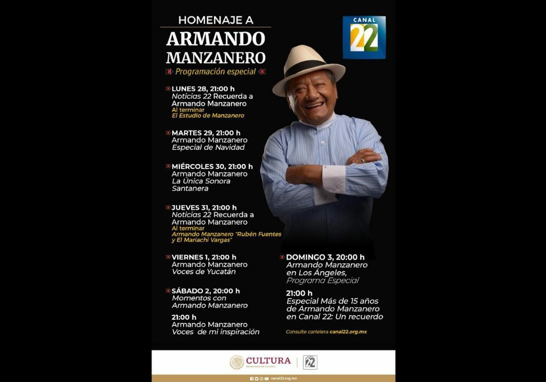 Durante esta semana, Canal 22 tendrá una programación especial para honrar al compositor Armando Manzanero. Imagen Secretaría de Cultura