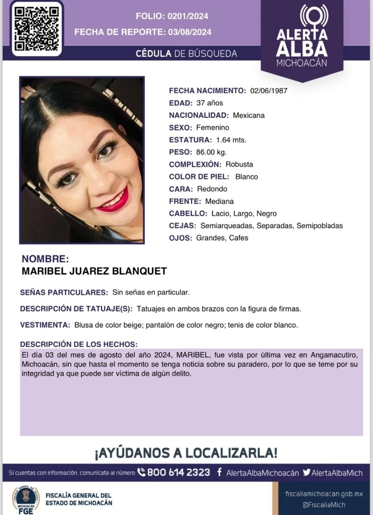 Maribel Juárez Blanquet, ex alcaldesa de Angamacutiro, Michoacán se encuentra en calidad de desaparecida desde hace cuatro días. Foto Cédula de Búsqueda