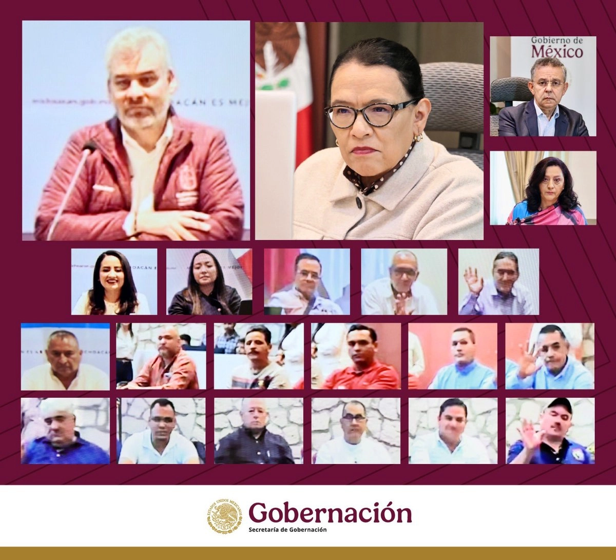 La titular de Segob, Rosa Icela Rodríguez (c,der) y el gobernador Alfredo Ramírez Bedolla (izq) durante la reunión virtual. Imagen tomada de la cuenta de X 