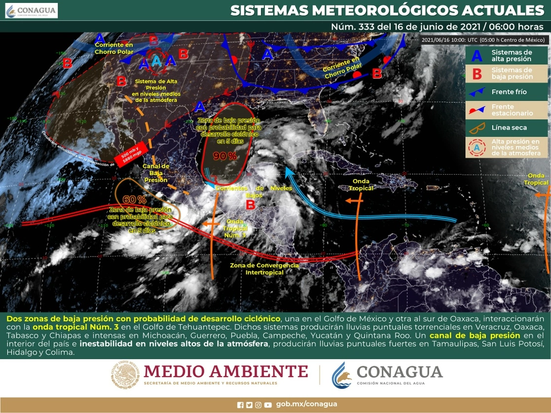 El SMN informó que persistirán las lluvias torrenciales con tormentas eléctricas y caída de granizo en Chiapas, Oaxaca, Tabasco y Veracruz. Imagen tomada del Twitter de @conagua_clima