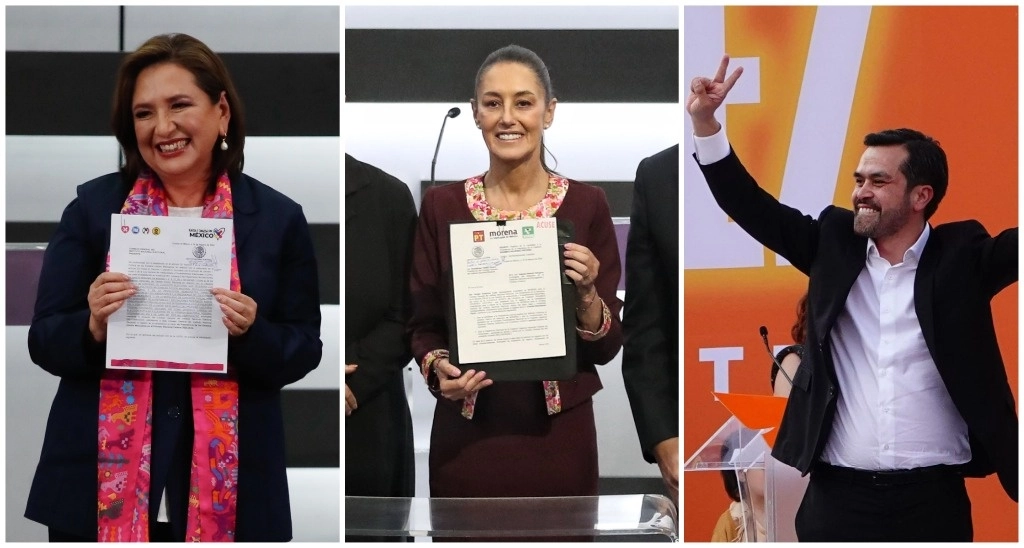 Las aspirantes presidenciales Xochitl Gálvez (der) Claudia Sheinbaum (c) así como el candidato Jorge Álvarez (izq) tras su registro ante el INE como contendientes. Fotos Cristina Rodríguez, Marco Peláez y Cuartoscuro / Archivo