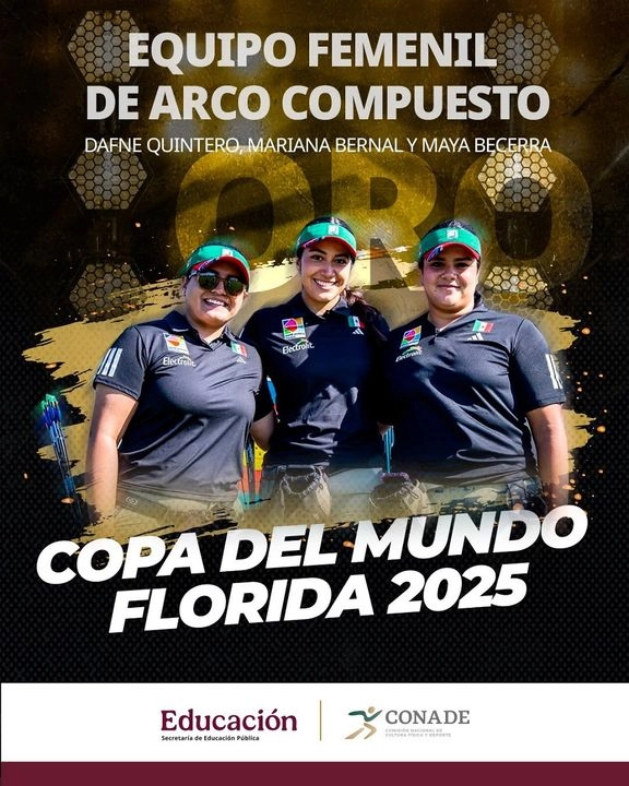 El equipo femenil mexicano de arco compuesto ganó la medalla de oro en la Copa del Mundo que se realizia en Florida, EU. Foto  Tomada de X  