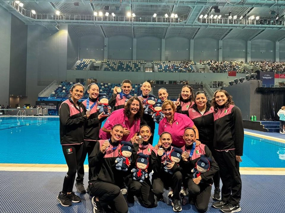 La Superfinal de la Copa del Mundo fue la última  competencia internacional antes del Mundial, que se celebrará del 11 de julio al 3 de agosto. En la imagen, la selección mexicana de natación artística.