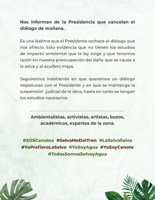 Luego que el gobierno cancelara la cita debido a que de manera pública varios negaron que asistirían en Twitter el grupo lamentó la decisión.