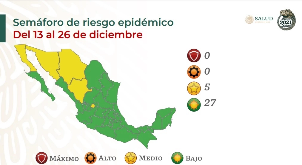 Semáforo Epidemiológico el 13 al 26 de diciembre de 2021. Imagen Ssa