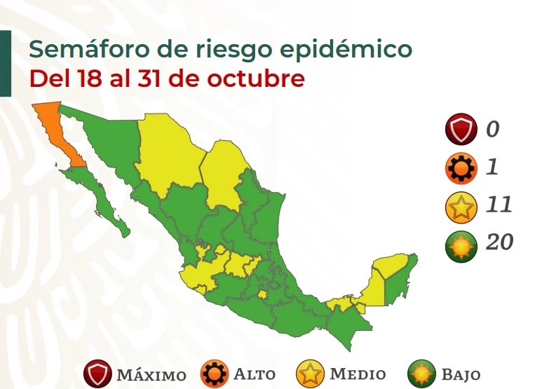 Semáforo de Riesgo Epidemiológico del 18 al 31 de octubre de 2021. Imagen Ssa