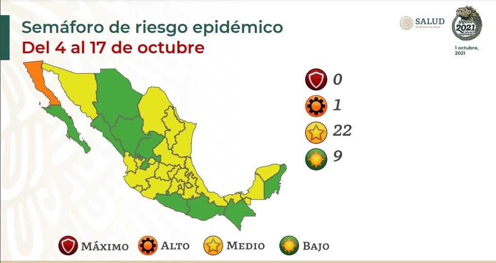Semáforo de Riesgo Epidemiológico del 4 al 17 de octubre de 2021. Imagen Ssa