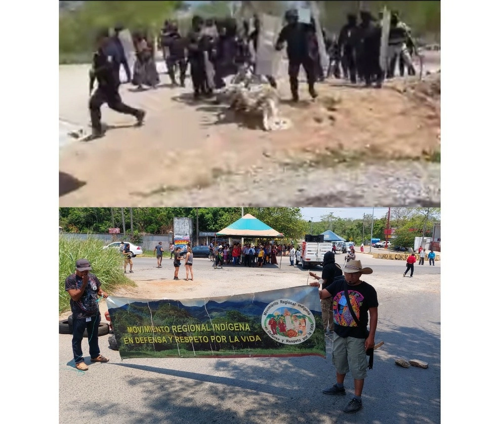 Integrantes del campamento Tierra y Libertad, quienes mantenían un bloqueo desde hace 60 días en Guichicovi, municipio del Istmo de Tehuantepec, fueron expulsados ayer por elementos de la Guardia Nacional, de la Marina y policías estatales. Abajo, miembros de la caravana El sur resiste y organizaciones de la Sierra de Santa Marta, en Veracruz, bloquearon ayer un tramo de la vía transístmica, a la altura del municipio de Oteapan, en protesta por las agresiones a sus compañeros. Foto 'La Jornada' y Sayda Chiñas