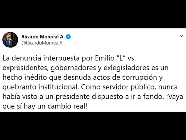 El senador de Morena, Ricardo Monreal, defendió a través de su cuenta de Twitter la "honorabilidad" del presidente López Obrador 