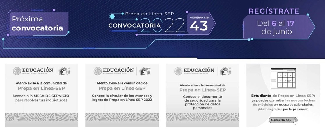 Nueve mil aspirantes serán aceptados para conformas la generación 43 de Prepa en Línea-SEP. Foto Captura de pantalla tomada de https://prepaenlinea.sep.gob.mx/