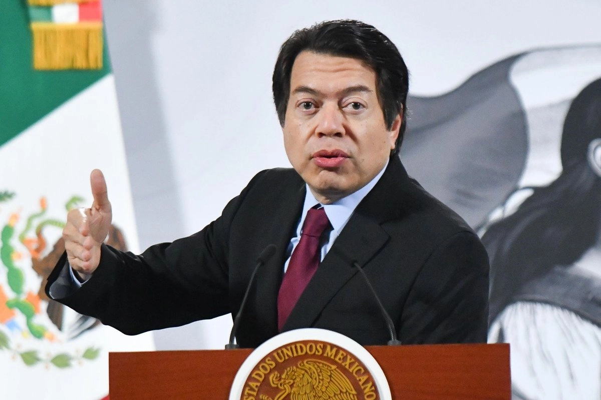 El secretario de Educación, Mario Delgado, durante la conferencia de prensa presidencial de esta mañana. 