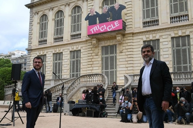 Los líderes de Izquierda Republicana, Pere Aragones, y Juntos por Cataluña, Jordi Sánchez, hoy en Barcelona. Foto Afp 