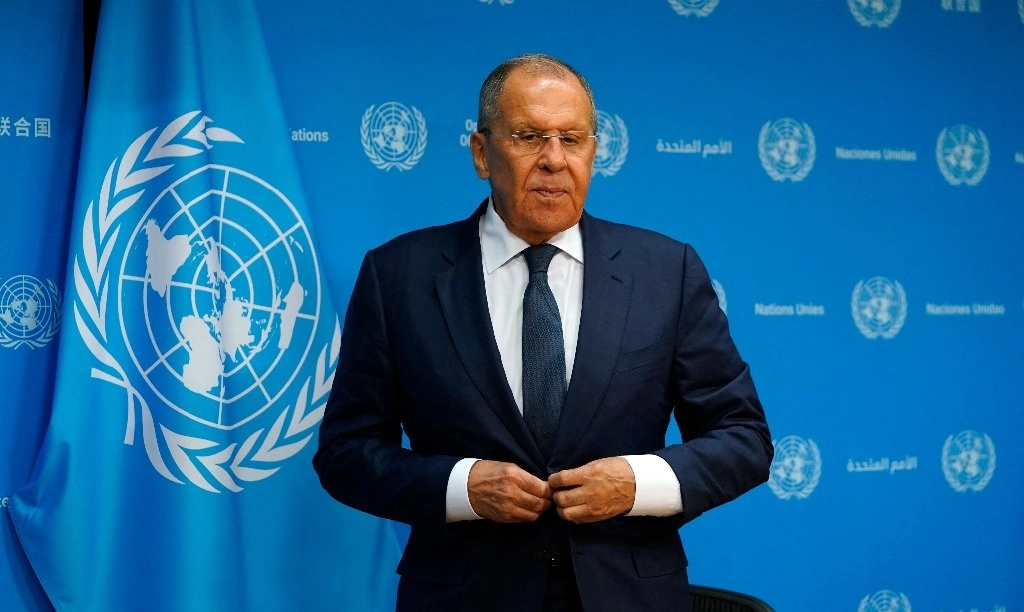 Serguéi Lavrov, ministro ruso de Asuntos Exteriores, en una conferencia de prensa en la sede de la ONU en Nueva York, el 17 de julio de 2024. Foto Afp
