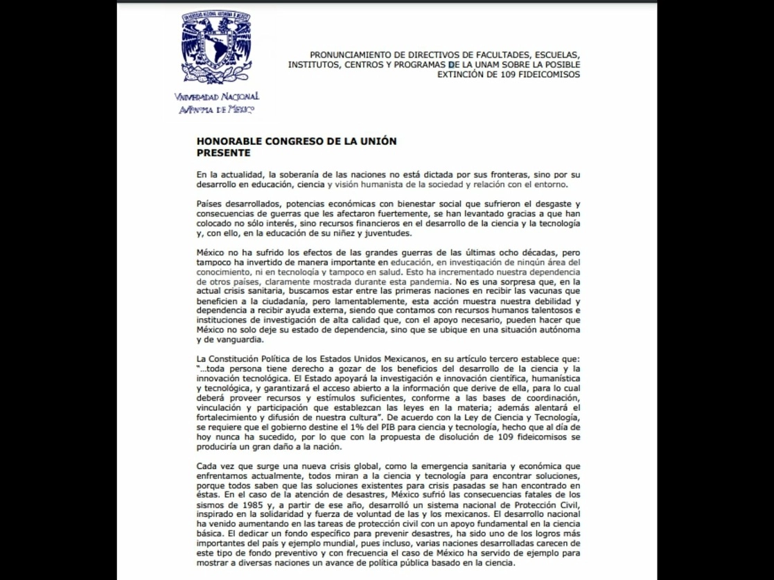 Científicos de la UNAM enviaron una carta a diputados en la que manifestaron que sería un grave error extinguir los fideicomisos destinados a la ciencia y la cultura. Imagen cortesía UNAM