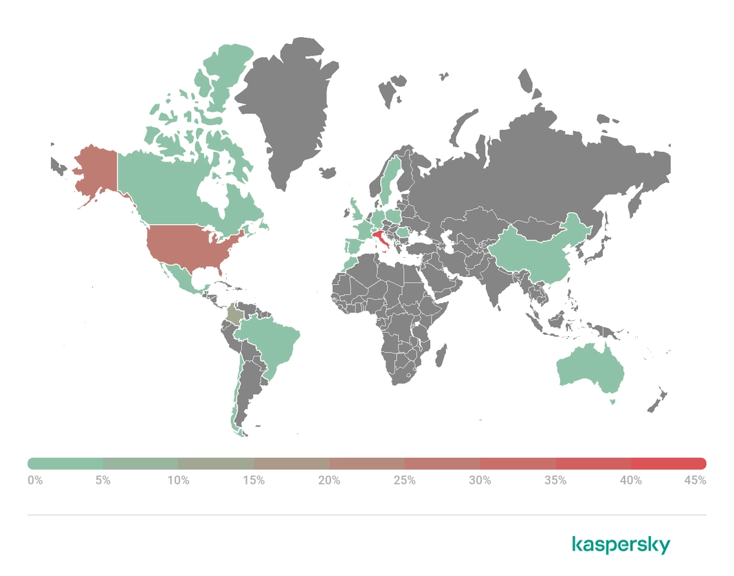 Estadísticas sobre países atacados (no afectados) por el ataque ransomware MSP a Kaseya  VSA. Foto KasperskyES