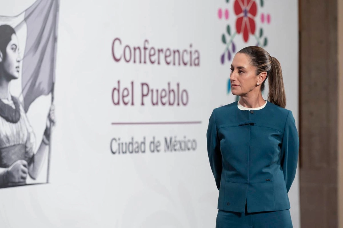 La presidenta Claudia Sheinbaum, durante su conferencia de este lunes 28 de julio desde Palacio Nacional. 

