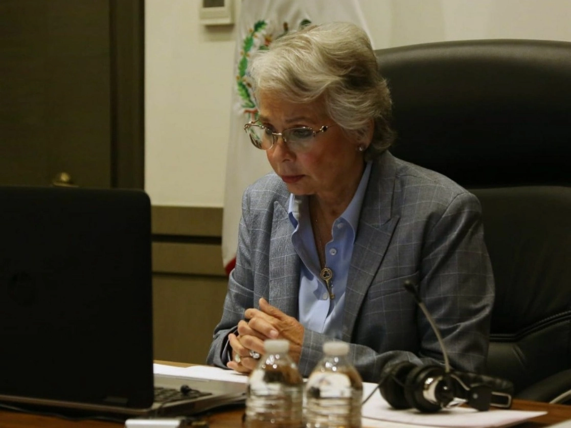 Olga Sánchez Cordero, titular de la Secretaría de Gobernación durante la sesión virtual de la Conago. Foto tomada del Twitter de @M_OlgaSCordero